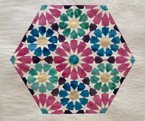 Composición de hexágono con la permutación de estrellas de 12 y de 9 puntas. Me hace sentir que las estrellas de 9 dentro de cada uno de los 6 triángulos se ordenan de forma amable y sutil alrededor del gran centro sol, regido por el número 12. Acuarela sobre papel antiguo. 