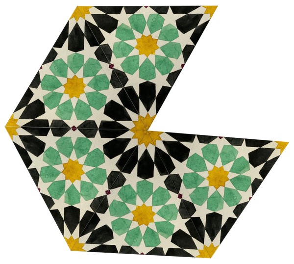 En cada uno de las 12 vértices del icosaedro (aqui no está montado en tridimensional) se forma una estrella  de 10 puntas.